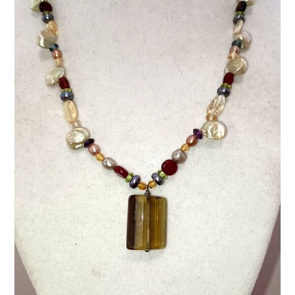 Citrine Garnet Mother of Pearl Freshwater Beaded Necklace Boho Beach 16-18" - Picture 1 of 4